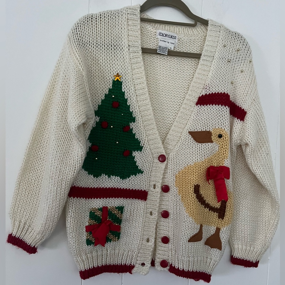 Color Ques Christmas Sweater Cardigan Tree Goose Design Hand Knit Size Small